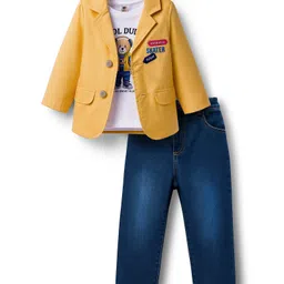 ToffyHouse Cotton Knit Bear Printed Party T-Shirt & Jeans Set with Jacket - Yellow-picture-10