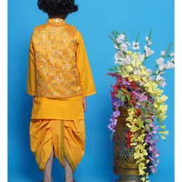 Little Bansi Cotton Solid Coordinating Kurta Dhoti With Full Sleeves Sequin Embellished & Floral Embroidered Jacket - Yellow image 3