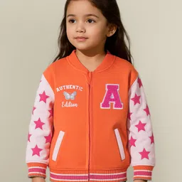 Babyhug Cotton Knit Full Sleeves Drop Shoulder Bomber Jacket with Star Print & Embroidery - White & Orange image 2
