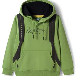 Pine Kids Cotton Knit Full Sleeves Hooded Sweatshirt With Front & Back Explorer Print & Kangaroo Pockets - Green image 2