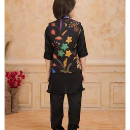 Ministitch Cotton Silk Woven Full Sleeves Solid Kurta Pyjama With Floral Printed & Sequins Embellished Nehru Jacket Set - Black image 3