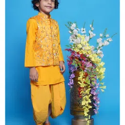 Little Bansi Cotton Solid Coordinating Kurta Dhoti With Full Sleeves Sequin Embellished & Floral Embroidered Jacket - Yellow image 4