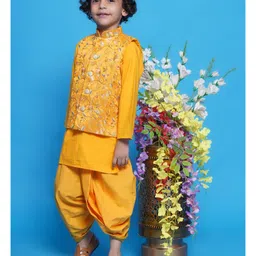 Little Bansi Cotton Solid Coordinating Kurta Dhoti With Full Sleeves Sequin Embellished & Floral Embroidered Jacket - Yellow image 5