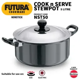 Hawkins Futura Black Nonstick Aluminium 24 cm Cook & Serve Stewpot with Lid, 5 L-image-86