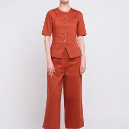 Cover Story Red Linen Solid Relaxed Fit Trousers image 5