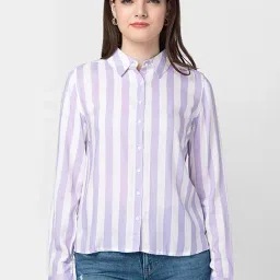 Spykar White & Purple Cotton Striped Shirt-image-3
