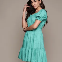 Label Ritu Kumar Aqua Solid Fit & Flare Short Dress image 5