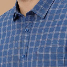 CAVALLO By Linen Club Navy Blue Linen Contemporary Fit Checks shirts image 5