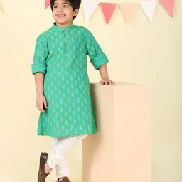 Fabindia Kids Green Cotton Regular Fit Printed Kurta image 5