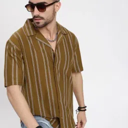 SHOWOFF Olive Cotton Relaxed Fit Stripes Shirt-image-49