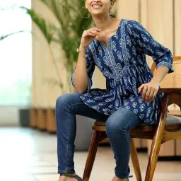 Libas Blue Cotton Printed A Line Kurti image 5