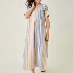 The Kaftan Company Blue & Peach Cotton Striped Night Dress-image-22