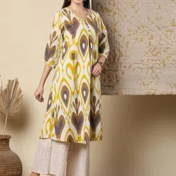 Fashor Off White Cotton A-Line Fit Printed Kurta image 3