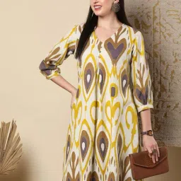 Fashor Off White Cotton A-Line Fit Printed Kurta image 5