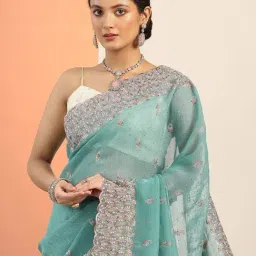 Libas Blue Embroidered Saree With Unstitched Blouse image 5