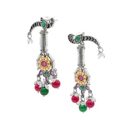 Shining Jewel - By Shivansh Silver-Plated Stones Studded & Beaded Bird Drop Earrings image 3
