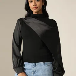 SHOWOFFFF Women's Satin-Panel Black Mock-Neck Top with Balloon Sleeves-picture-10