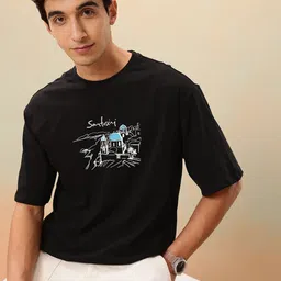 Mast & Harbour Graphic Printed Drop-Shoulder Sleeves Pure Cotton Relaxed Fit T-shirt-picture-49