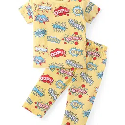 Babyhug Cotton Knit Half Sleeves Night Suit With Text Print - Yellow-image-22