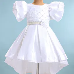 Bluebell Satin Knit Half Puffed Sleeves Floral Applique & Pearls Detailing High Low Party Frock - White-picture-22