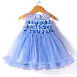 Babyhug Woven Sleeveless ShimmeredFit & Flared Party Dress with Floral Appliques on Yoke & Frill Detailing- Light Blue-image-86