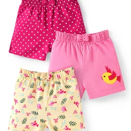 Babyhug Single Jersey Knit Mid Thigh Shorts with Polka Dots & Bird Print with Bow Applique Pack of 3 - Pink Beige & Dark Pink-picture-10