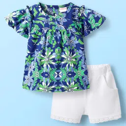 Babyhug Cotton Woven Half Frill Sleeves Floral Printed Top & Shorts Set - White & Blue-image-44