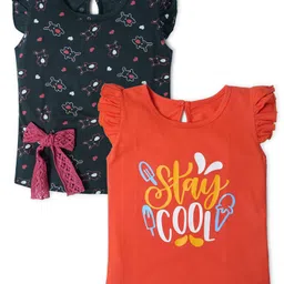 Nino Togs Cotton Pack Of 2 Cap Sleeves Stay Cool Text & Rabbits Printed Tees - Black & Coral-image-16