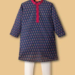 Exclusive from Jaipur Cotton Woven Full Sleeves Kurta Pyjama Set With Floral Print - Navy Blue image 1