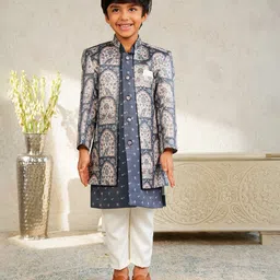 AJ Dezines Jacquard Woven Full Sleeves Floral & Birds Printed Kurta Pant With Sherwani Jacket Set - Grey-picture-18