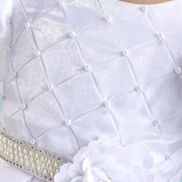 Bluebell Satin Knit Half Puffed Sleeves Floral Applique & Pearls Detailing High Low Party Frock - White image 4