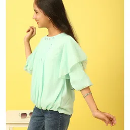 ISHTI Georgette Woven Three Fourth Sleeves Pleated Top - Light Green image 5