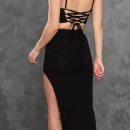woo thing Casual Solid Top and Skirt Set for Women | Stylish Western Co-Ord Set for Women | Straps Top and Long Slit Skirt Set for Women image 3