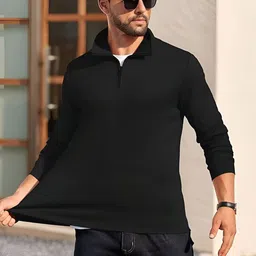 ENITOR Men's Solid Black Mandarin Collar Full Sleeve Half Zipper Sweatshirt image 4