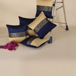 DECOWAT Blue & Beige 5 Pieces Printed Silk Square Shape Cushion Covers-picture-26