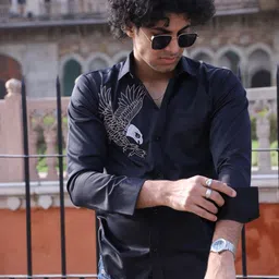 Who Wore Whhat Men Regular Fit Eagle Attack Embroidered Satin Casual Shirt-picture-18