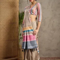 Anouk Striped Satin Tussar Saree image 5