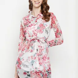 MJ LIFE STYLE Women Floral Print Regular Fit Band Collar Tie-Waist Tunic Top image 1