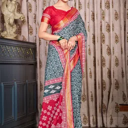all about you Floral Printed Zari Pure Cotton Bagru Saree image 4