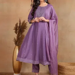 KALINI Women Ethnic Motifs Embroidered Panelled Thread Work Kurta with Trousers & Dupatta-image-38