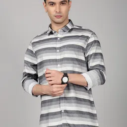 Chennis Men Slim Fit Horizontal Striped Spread Collar Cotton Casual Shirt-image-93