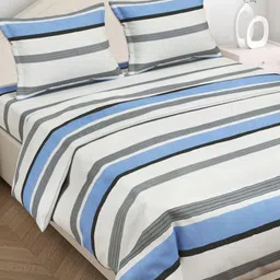 bsb home White & Blue Striped 160 TC Cotton Super King Bedsheet Set 2.74 m x 2.74 m-image-37