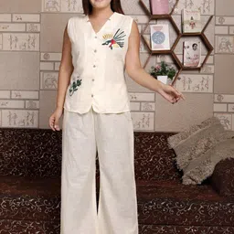 ROOTSOUL Women Floral Embroidered High Slit Top with Trousers-picture-34