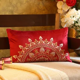 Revive Home Burgundy & Gold-Toned Ethnic Motifs Velvet Rectangle Cushion Covers-picture-24