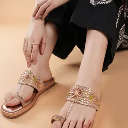 Anouk Women Rose Gold Embellished Party One Toe Flats-image-62