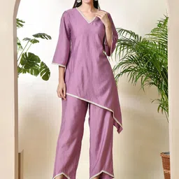 Sangria V-Neck Three-Quarter Flared Sleeves Top With Trouser image 1