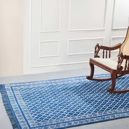 Fabindia Kyra Dabu Blue & White Ethnic Motifs Printed Dhurrie-picture-23