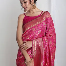 Janasya Ethnic Motifs Zari Silk Blend Banarasi Saree-image-56