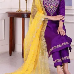 AVNISA ENTERPRISE Ethnic Motifs Yoke Design Thread Work Kurta With Trousers & Dupatta image 2