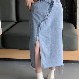 HERE&NOW Mid Rise Asymmetrical Denim Midi Skirt With Side Slit-picture-27